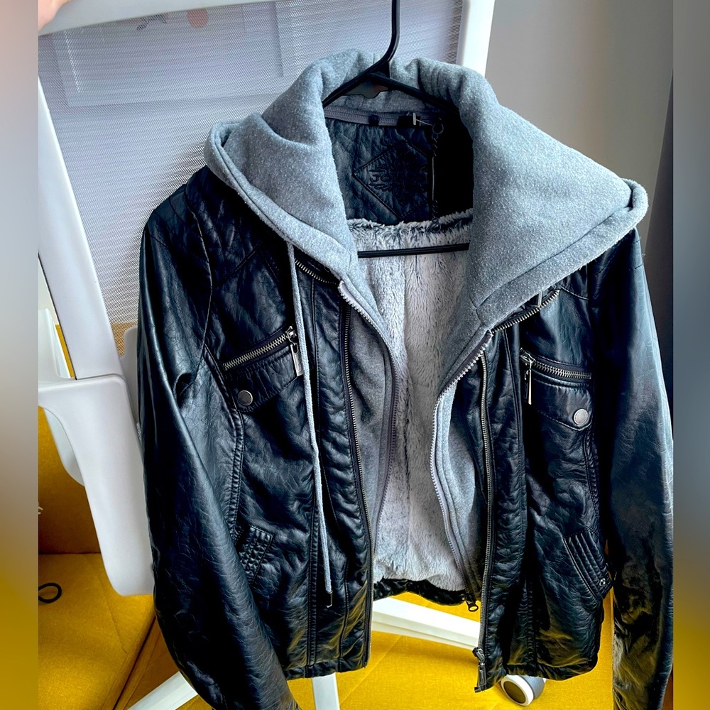Faux black leather jacket with faux fur liner and sweatshirt hood
